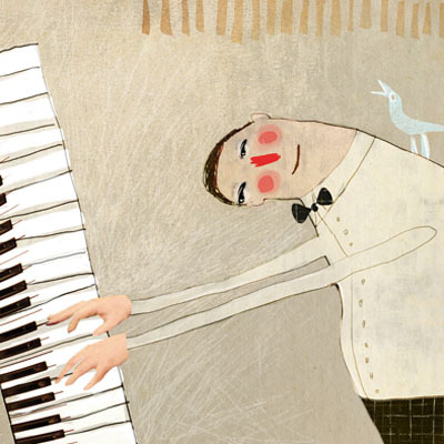 Illusration In concert of a piano player with a bird on his shoulder