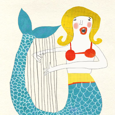 Nautical Illustration of two singing mermaids
