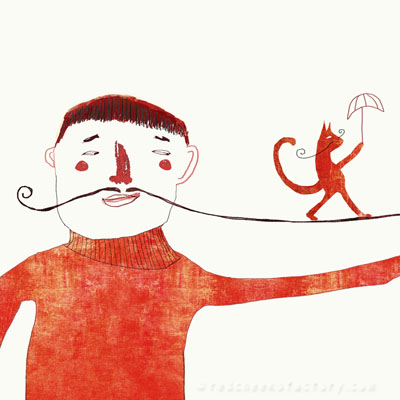 Illustration of a man with moustache as a tightrope with a cat walking on it with an umbrella