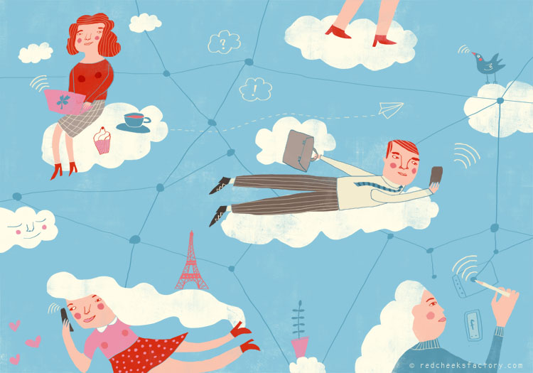 In The Cloud Digital nomads illustration by Nelleke Vehoeff