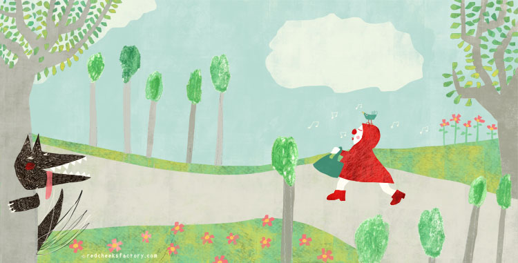 Spread Ridinghood 2  illustration by Nelleke Verhoeff for little Red Ridinghood fairytale