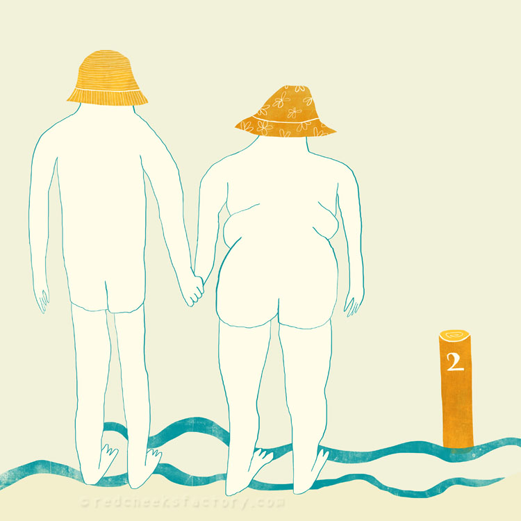 Naturisten Stel Illustratie voor het boek 'Tussen oevers van fluitenkruid' door Geert De Kockere en Nelleke Verhoeff