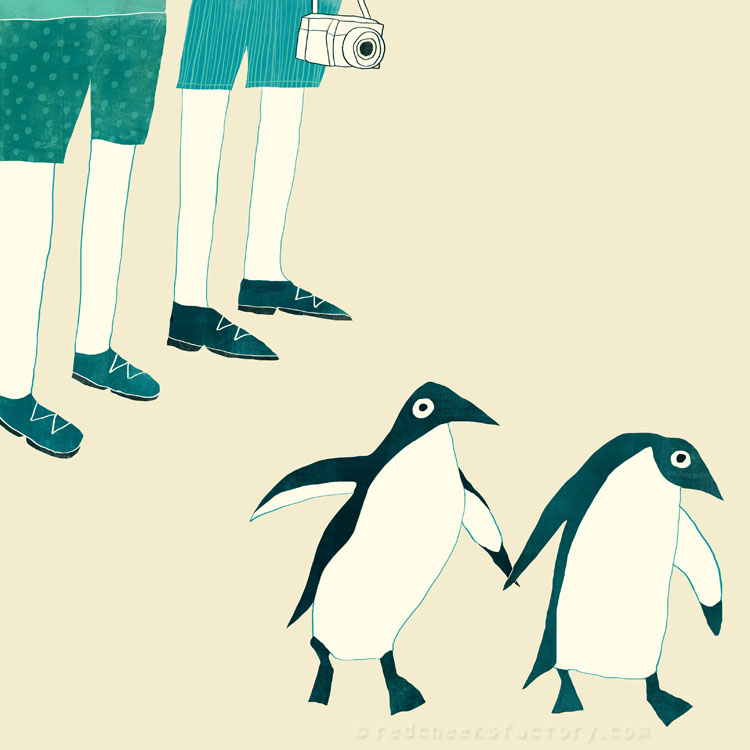 Pinguins Illustratie voor het boek 'Tussen oevers van fluitenkruid' door Geert De Kockere en Nelleke Verhoeff