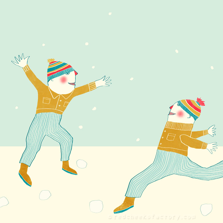 Sneeuwpret Illustratie voor het boek 'Tussen oevers van fluitenkruid' door Geert De Kockere en Nelleke Verhoeff