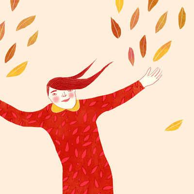 Illustratie van vurig meisje die herfstbladeren opgooit  voor het e-book  'Tussen oevers van fluitenkruid'