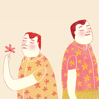 Illustratie twee mannen genietend van de geur van zomer en bloemen  voor het e-book  'Tussen oevers van fluitenkruid'