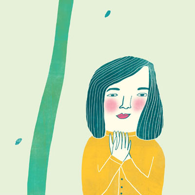 Illustratie van vrouw in het bos voor het e-book  'Tussen oevers van fluitenkruid'