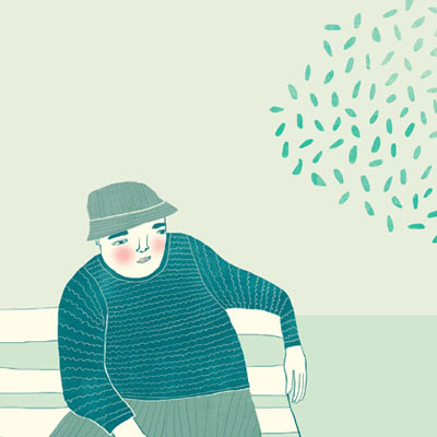 Illustratie van evan twee oudjes op een bank in het park voor het e-book  'Tussen oevers van fluitenkruid'