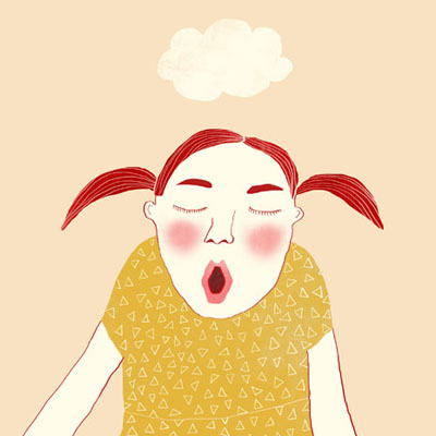 Illustratie van een jarig meisje met verjaardagstaart uit haiku e-book 'Tussen oevers van fluitenkruid'