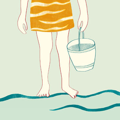 Illustratie van een meisje aan zee voor het e-book  'Tussen oevers van fluitenkruid'