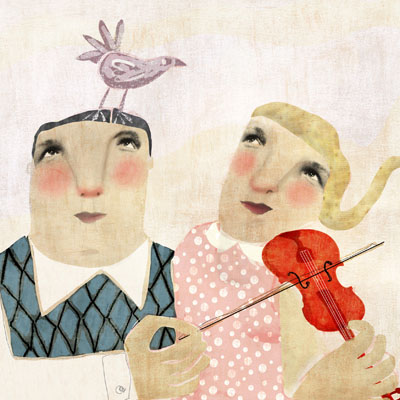 illustration of two musicians bringing an ode to the bird on a violin