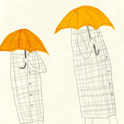 Illustration of three woman with yellow umbrellas