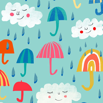quirky umbrella, rain and clouds patterns