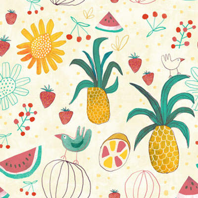 Tropical Party Pattern with all kind of summer fruits and birds