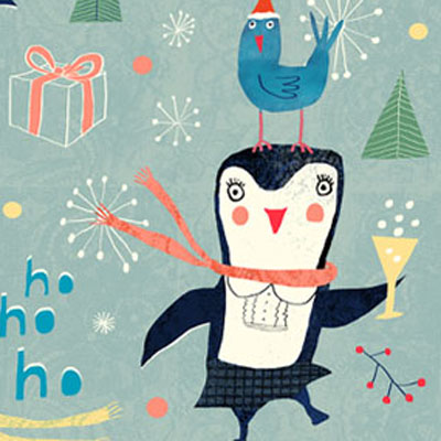 Happy holidays - christmas postcard with party penguins