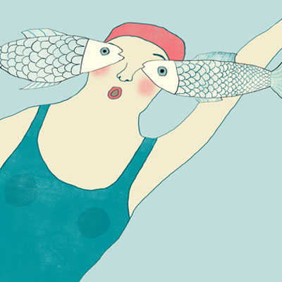 Illustratie van zwemmende vrouwen en vissen
