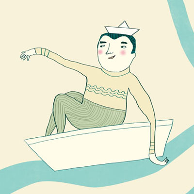 Illustratie van mannen in een bootje in de golven op zee