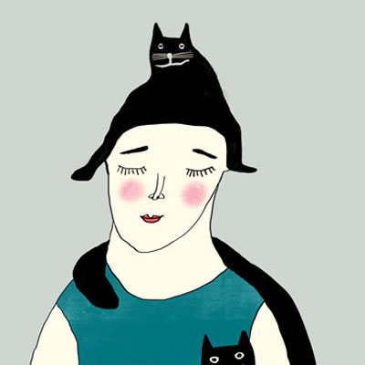 Illustration of two women with their cats