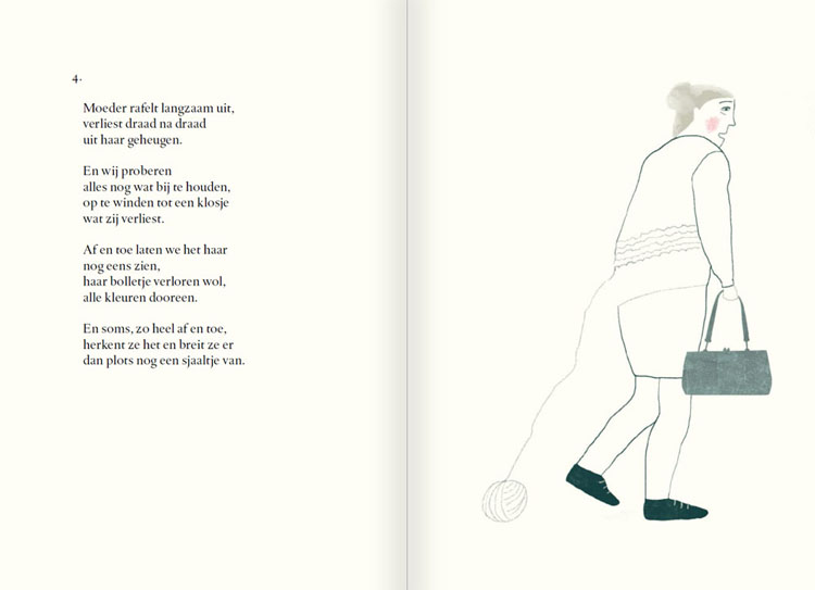 Pagina uit het boekje 'Uitrafelen' Boekje met gedichten van Geert De Kockere en illustraties van Nelleke Verhoeff  rond het thema dementie