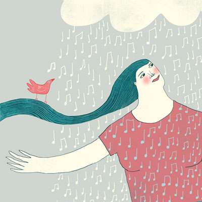 Illustratie voor het boek Vederlicht dansende vrouw in de jubelende regen  door Nelleke verhoeff