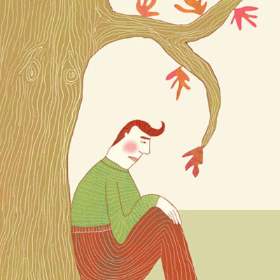 Illustratie voor het boek Vederlicht bedroefde man onder gegroefde boom  door Nelleke verhoeff