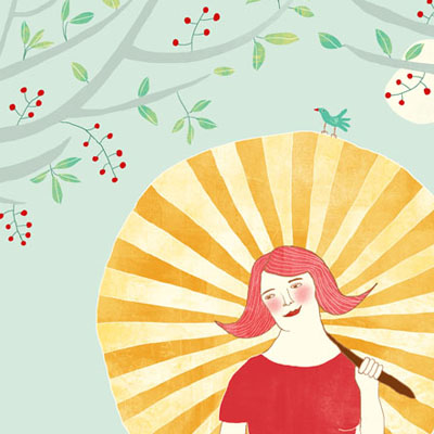 Illustratie voor het boek Vederlicht vrouw met parasol, een zomer prent  door Nelleke verhoeff