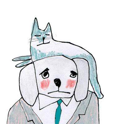 Hondeleven illustratie van man / hond aan een bar met een kat op zijn hoofd